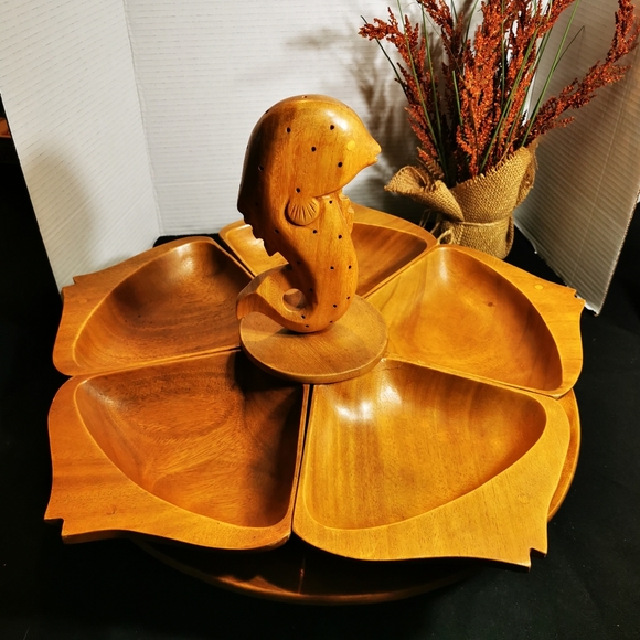 Vintage Wooden Lazy Susan Carved Fish Serving Tray Monkeypod - Picture 1 of 17